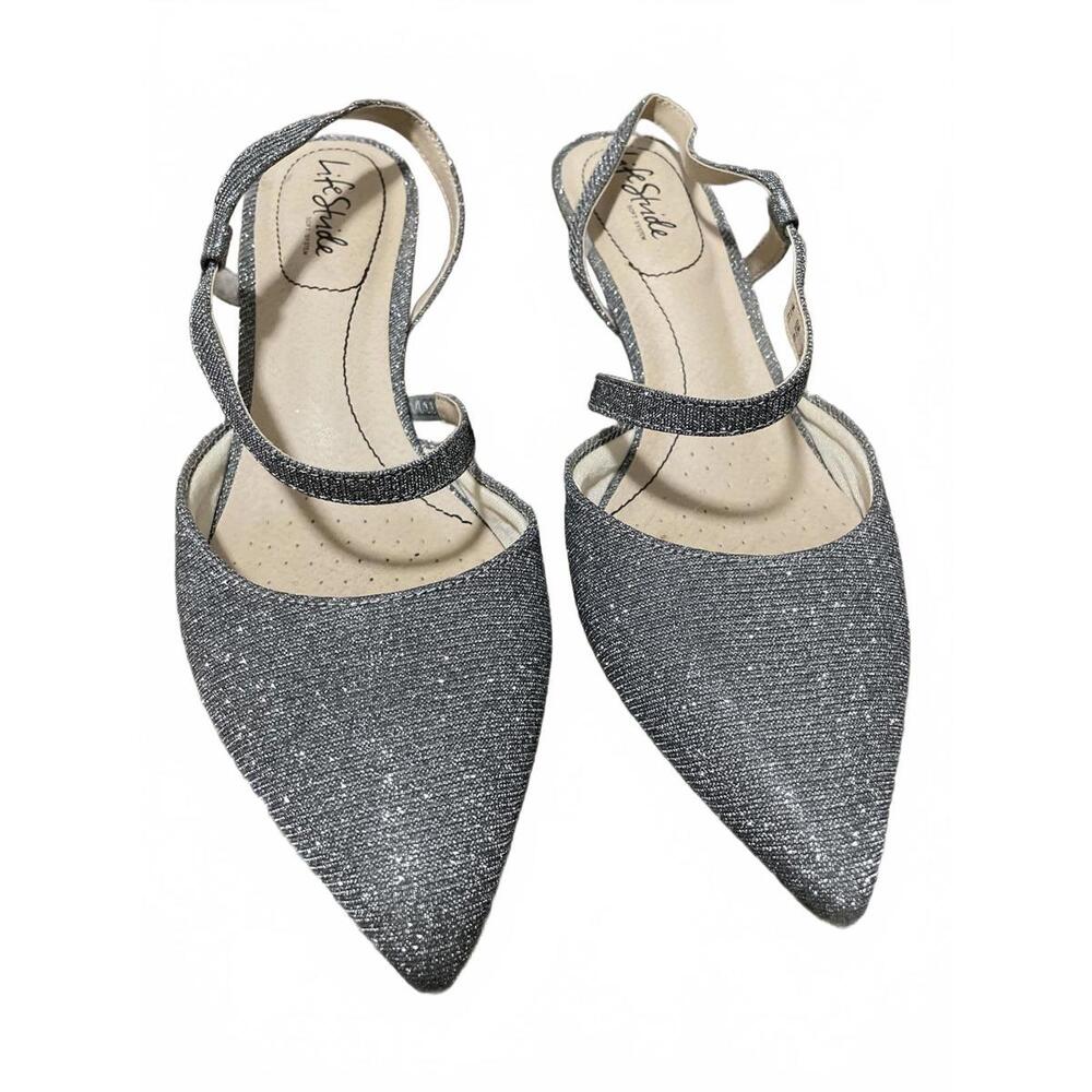 Life Stride Silver Glitter Pointed Slingback Heels